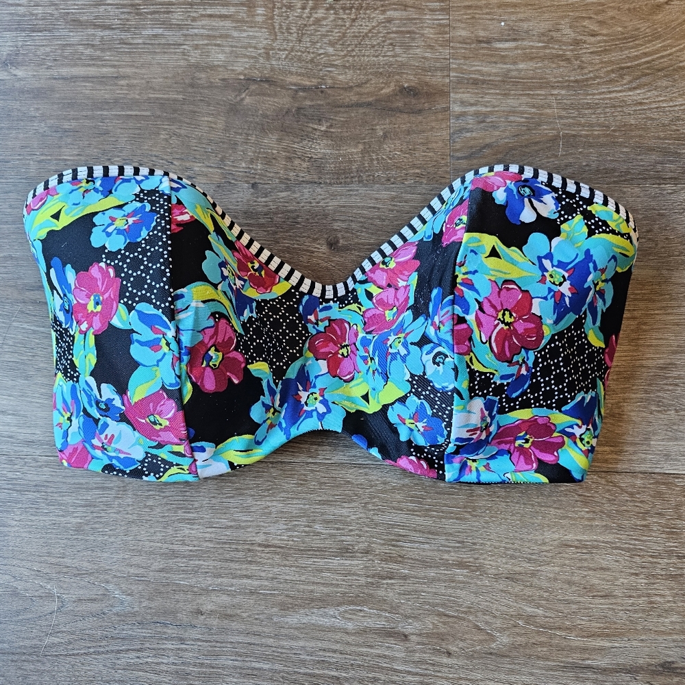 Panache Floral Bandeau Bikini Top in Black, Pink, Blue & Green